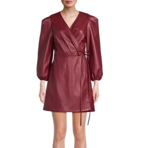 Burgundy Faux Leather Wrap Dress